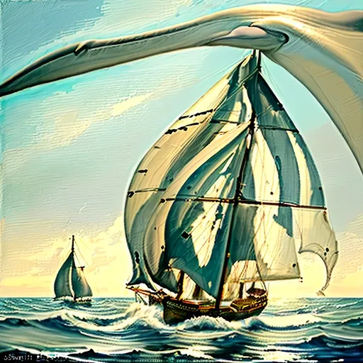 Prompt: oil painting, natural color scheme, (three masted sailing ship body made out of glass), (traveling swiftly) on a (realistic ocean), (sails full of wind), (dolphins breaching) in front of the bow, serene atmosphere, nature-inspired, fluid and dynamic scene, delicate brush strokes, soft light filtering through, emphasizing tranquility and adventure, ultra-detailed, high-definition.