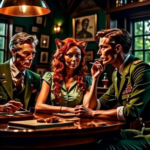 Prompt: <mymodel> Old WWII Style Commercial smoking with with friends, detailed human facial anatomy, detailed background, natural lighting, highres, professional
