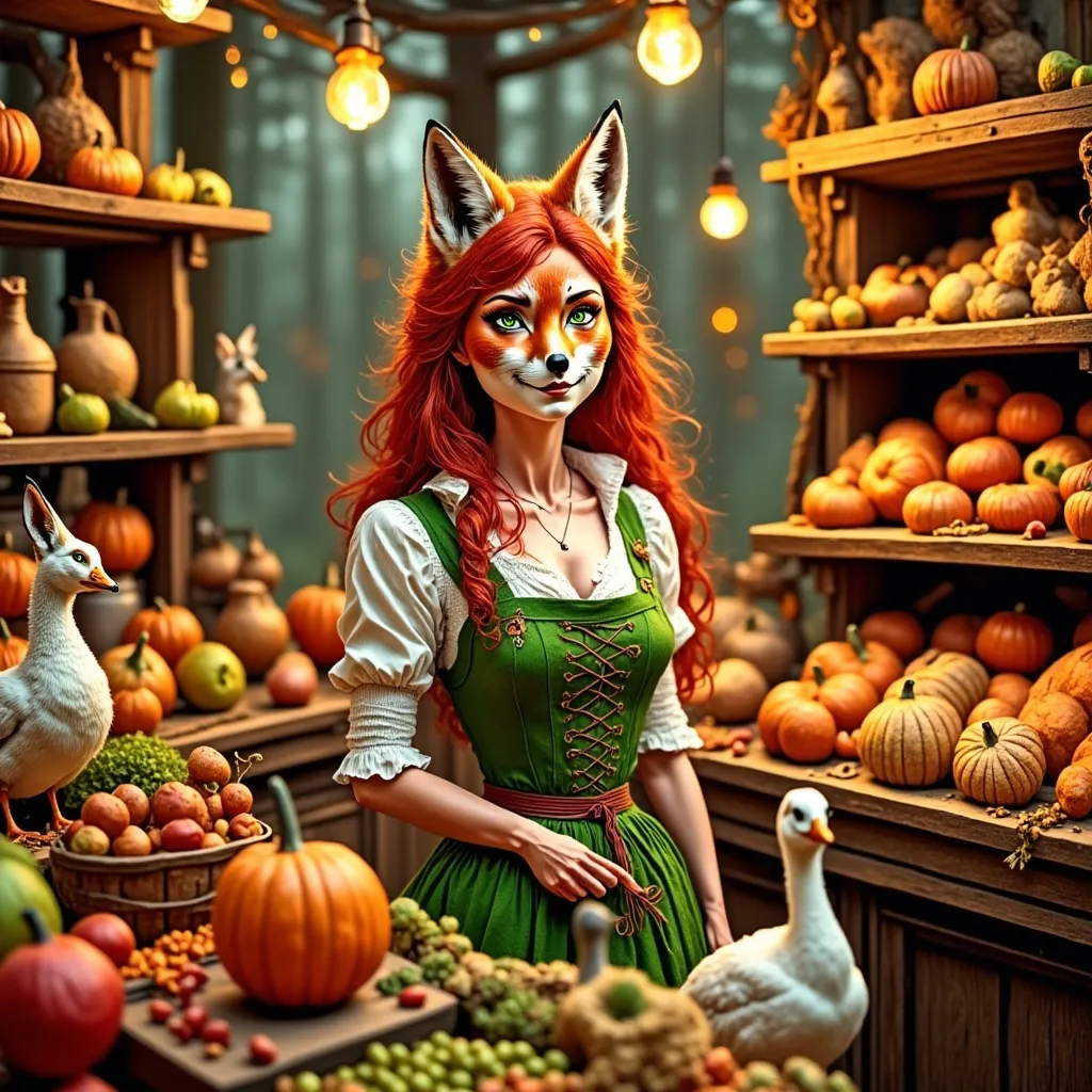 Prompt: (fantasy style), (baroque style), woman shopping at a lavish store, surrounded by colorful Thanksgiving food, delicate pastel color scheme, intricate details, ornate decorations, whimsical ambiance, cozy atmosphere, soft lighting, high-quality and ultra-detailed, fantasy-inspired display of goose and seasonal produce, warm and inviting scene capturing the spirit of Thanksgiving.