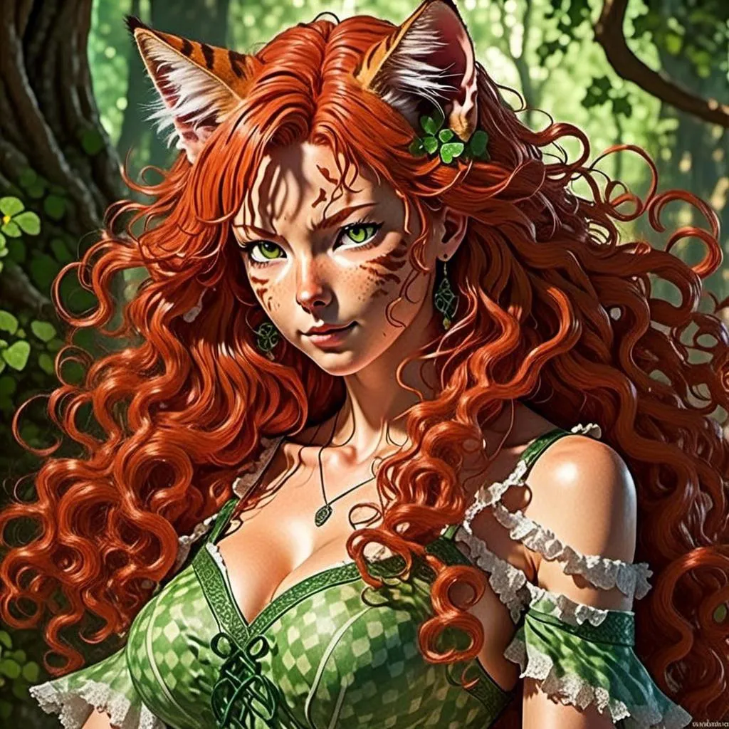 Prompt: <mymodel> Realistic 40 year old Celtic woman, Full Color Fantasy  illustration of a Celtic woman with cat ears and tail, detailed long red curly hair, detailed green eyes, detailed skin texture, full body view, delicate, diffused lighting, beautiful, artistic, detailed, fantasy style Celtic background, long hair, detailed eyes, full-body pose dancing, elegant, ethereal, soft lighting
