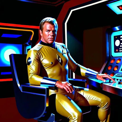 Prompt: (futuristic-sci-fi style), captain kirk with goatee), cool color scheme, vibrant blues and metallic silvers, high-tech backgrounds with glowing circuits, dramatic and cinematic lighting, highlighting their expressions, intricate details on outfits, ultra-detailed character design, atmospheric mood evoking exploration and adventure, striking visuals reminiscent of classic sci-fi themes.