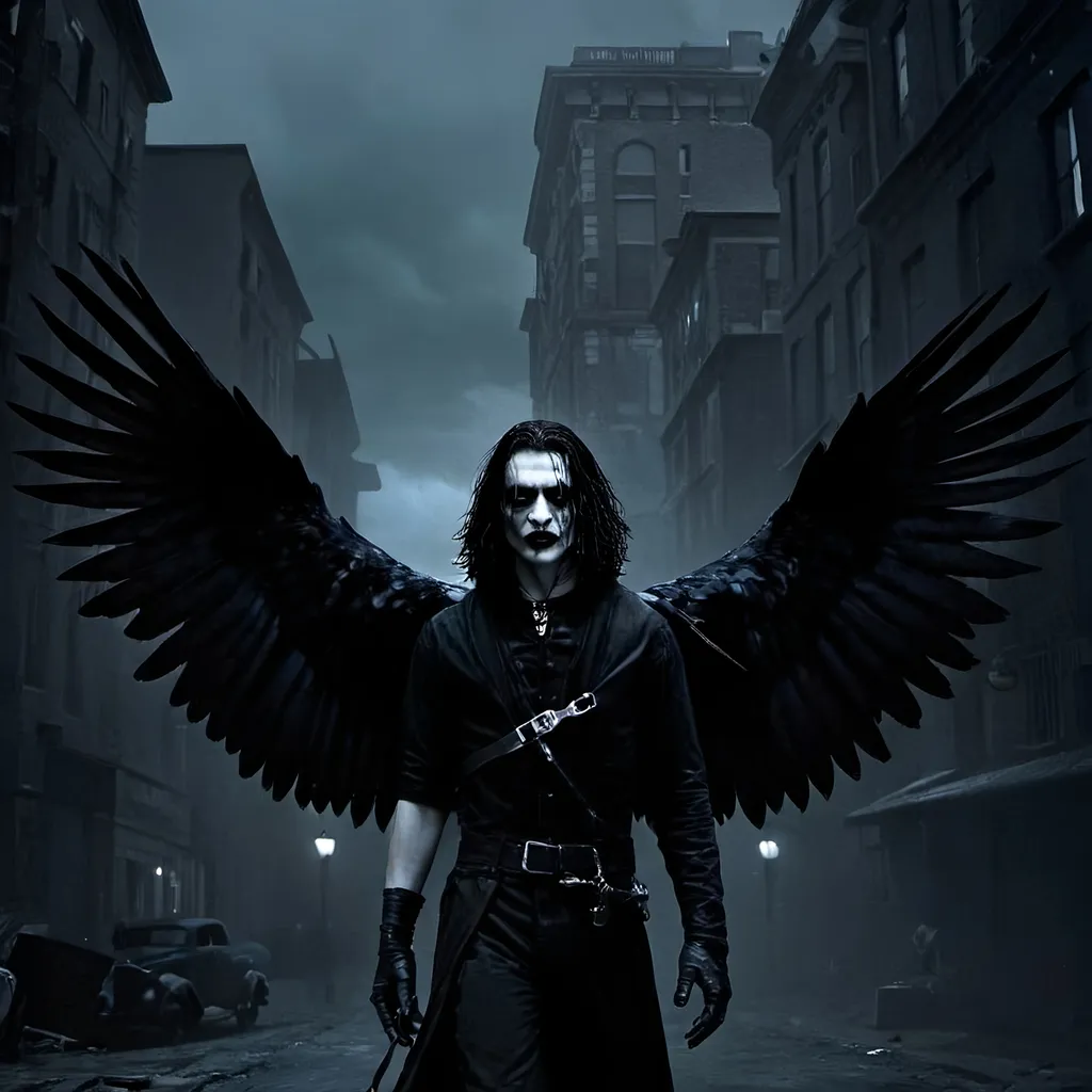 Prompt: (misc-macabre style), dark color scheme, (The Crow) movie character, haunting atmosphere, somber lighting, intricate details, dramatic shadows, urban background, mysterious mood, deep blues, stark blacks, intense contrasts, surreal elements, gothic aesthetics, ultra-detailed, cinematic quality, evoking feelings of melancholy and intrigue.