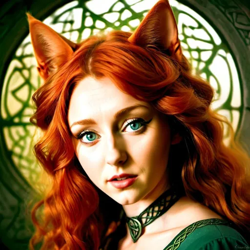 Prompt: 45  year old Celtic woman with delicate cat ears, detailed Celtic Background, Colored  ink Drawing image, detailed anatomy, red haired, lips parted, detailed anatomy, natural lighting, highres, intense gaze, detailed eyes, realistic lighting skin texture, professional, dramatic lighting, detailed hair, warm tones, anime, <mymodel>