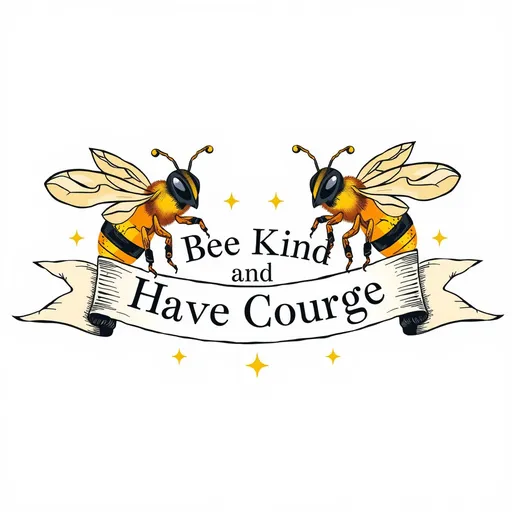 Prompt: fantasy style, (two Honey bees at each end of a banner that reads),(accurately spelled text "Bee Kind and Have Courage"), on a neutral background