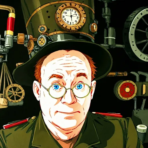 Prompt: (Humorous portrait), steampunk style, caricature drawing, pencil color  scheme, detailed facial features, piercing blue eyes, expressive eyes, exaggerated pleasant smile, vintage military attire, quirky accessories, Iron gears and machinery in the background, cozy ambiance, ultra-detailed, engaging composition that blends humor and artistry, creating a captivating visual narrative.