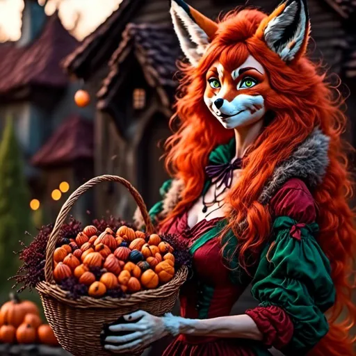 Prompt: <mymodel> Red Foxy Dressed a a witch offering a giant basket of candy corns to trick or treaters