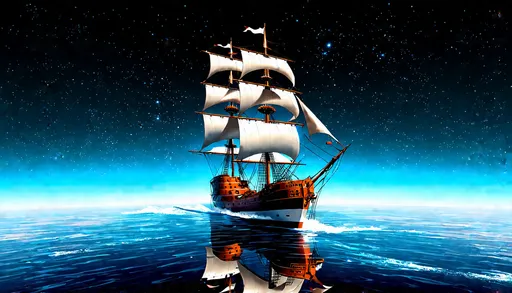 Prompt: (retro-futurism), (three masted sailing ship clear body), (traveling swiftly) across a (an ocean of stars), (sails full of wind), serene and tranquil atmosphere, vibrant reflections, ultra-detailed, cinematic lighting, creating a dreamlike scene that captivates the viewer.