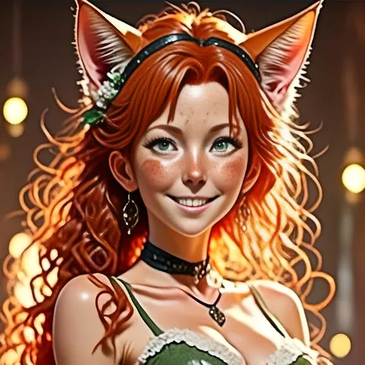 Prompt: <mymodel> Anime-style image of an older cat-eared woman), back facing camera (red hair), (detailed eyes), (alluring pose), looking back  laughing, (bright lighting), warm color scheme, (high resolution), (sensual), (detailed hair), fantasy elements, mesmerizing, captivating atmosphere, ultra-detailed, whimsical background, enchanting ambiance.