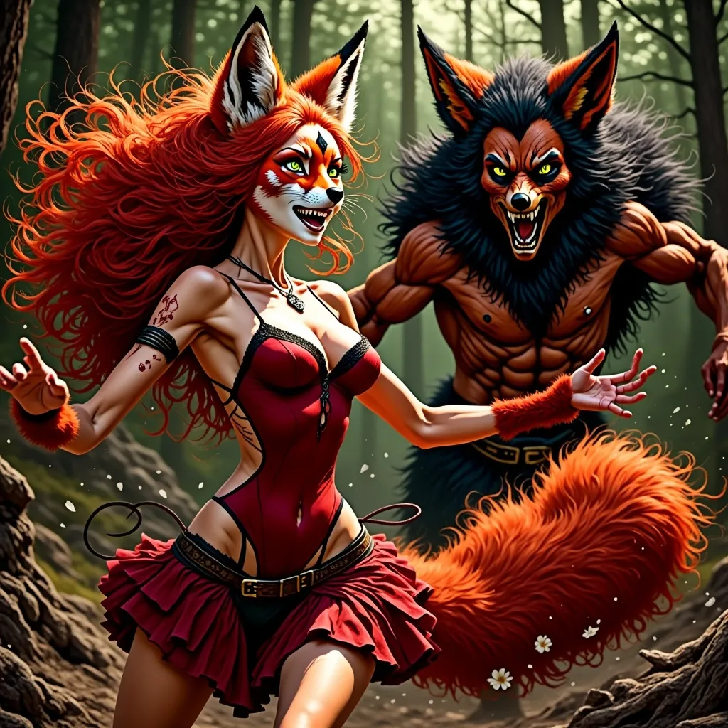 Prompt: (fantasy illustration) Woman in a fierce battle with a formidable demon from Hell, (dark color scheme, deep shadows, muted tones) showcasing intense emotions, dramatic lighting highlighting the action, a foreboding, mystical background with eerie elements, richly detailed fur, the demon with menacing features and dark aura, (dynamic composition) perfect for a captivating visual.