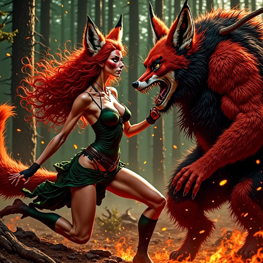 Prompt: (fantasy illustration) Woman in a fierce battle with a formidable demon from Hell, (dark color scheme, deep shadows, muted tones) showcasing intense emotions, dramatic lighting highlighting the action, a foreboding, mystical background with eerie elements, richly detailed fur, the demon with menacing features and dark aura, (dynamic composition) perfect for a captivating visual.