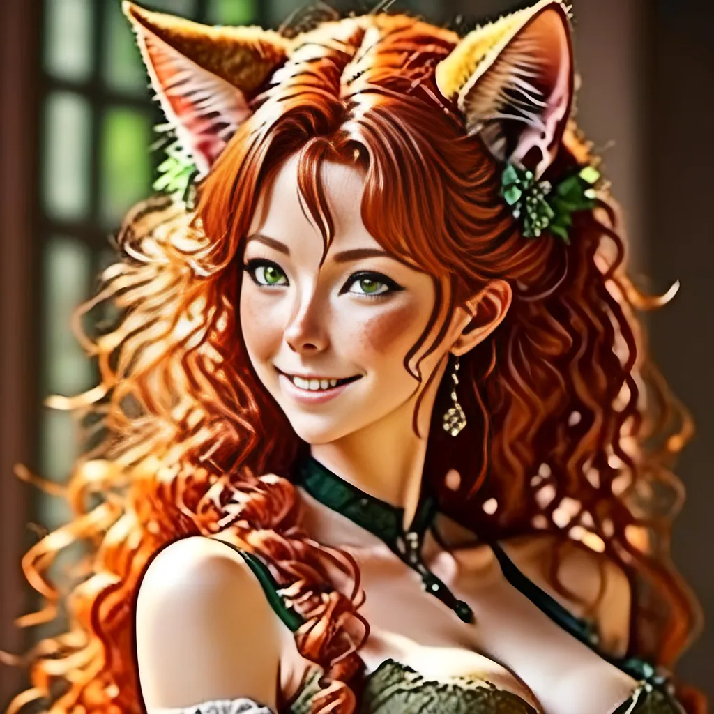 Prompt: <mymodel> Anime-style image of an older cat-eared woman), back facing camera (red hair), (detailed eyes), (alluring pose), looking back  laughing, (bright lighting), warm color scheme, (high resolution), (sensual), (detailed hair), fantasy elements, mesmerizing, captivating atmosphere, ultra-detailed, whimsical background, enchanting ambiance.