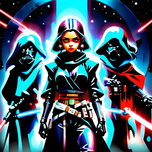 Prompt: anime style, (dark color scheme), outlaw characters from Star Wars, unique poses, rebellious vibes, high-contrast shadows, moody atmosphere, intricate details in character design, dynamic expressions, depth in lighting, (vibrant highlights), ultra-detailed artwork, dramatic ambiance, sci-fi elements, thematic background reflecting a galactic setting.