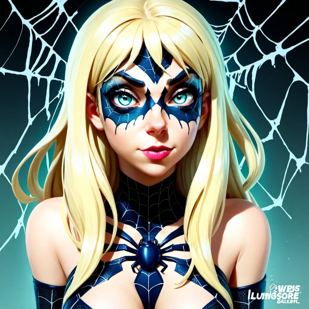 Prompt: Anime style, Gwendolyne Maxine "Gwen" Stacy , Anthropomorphic spider girl, full body view, best quality, expressive eyes, glowing, luminous, perfect face, 1 woman, spider transformation, blond  hair, spider web,