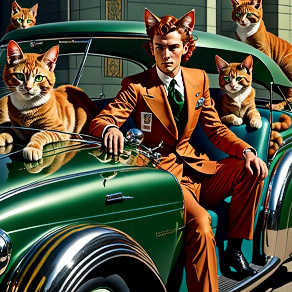 Prompt: <mymodel> Full body view of Man with cat ears in 1940's futuristic Automobile Advertisement, matching cat ears to hair color, extremely detailed, intricate clothing, high quality, intricate, futuristic-retro futurism, historical, detailed hair, detailed spaceship in background