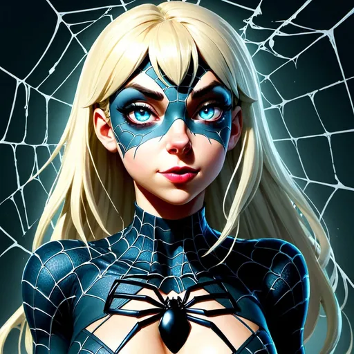 Prompt: Anime style, Gwendolyne Maxine "Gwen" Stacy , Anthropomorphic spider girl, full body view, best quality, expressive eyes, glowing, luminous, perfect face, 1 woman, spider transformation, blond  hair, spider web,