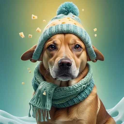 Prompt: (surrealism style) Dog made out of cheese, (wearing a winter hat and a scarf), whimsical and playful, cool color scheme, soft blues and greens, dreamlike atmosphere, abstract background of melting shapes, ethereal lighting, intriguing contrasts, imaginative representation, (highly detailed) textures of cheese, emotional warmth and charm, (4K, ultra-detailed).