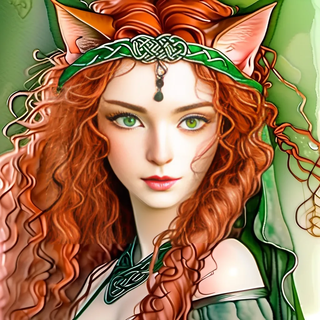 Prompt: Chinese-ink illustration of a Celtic woman with cat ears and tail, long red curly hair, detailed green eyes, detailed skin texture, full body view, delicate, diffused lighting, beautiful, artistic, detailed, fantasy style Celtic background, long hair, detailed eyes, full-body, elegant, ethereal, soft lighting