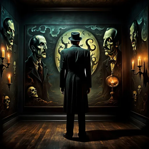 Prompt: (surrealism style image), (dark color scheme), a hauntingly dramatic scene inspired by Vincent Price on the back wall, moody lighting, high detail, captivating atmosphere, (HD), a blend of the mystical and the macabre.