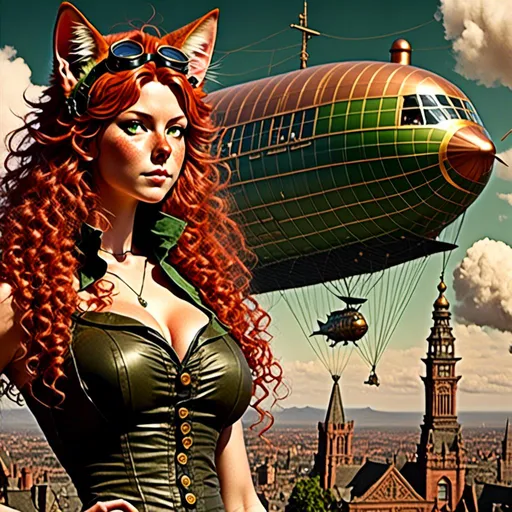 Prompt: <mymodel>Full body view of Rugged Man with human face with goggles and cat ears, Dirigible Advertisement, matching cat ears to hair color, extremely detailed, intricate clothing, high quality lithograph, intricate, historical, detailed hair, detailed Blimp in background, artstyle-steampunk, detailed eyes, atmospheric lighting, vintage