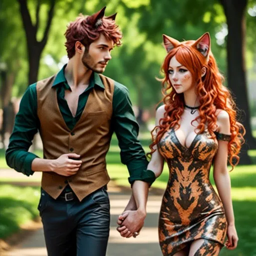 Prompt: <mymodel>Highly Detailed, 3/4 side view of couple walking hand in hand in park, detailed skin texture, cat ears matching hair color, detailed eyes, professional, highres