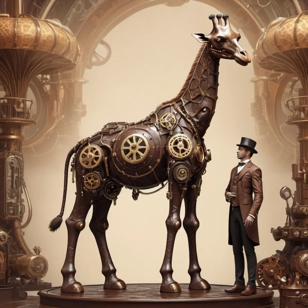 Prompt: Steampunk chocolate giraff with rider, (artstyle: steampunk), (color palette: dark colors), intricate mechanical designs, whimsical elements, vintage yet futuristic vibes, playful ambiance, detailed textures and patterns on the elephant's skin, subtle metallic features blending with creamy chocolate tones, dreamy and imaginative background to enhance the playful theme, (highly detailed), (4K resolution).