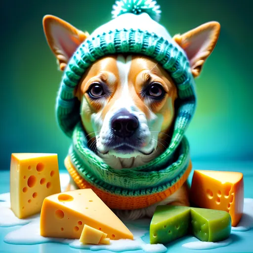 Prompt: Dog composed of cheese, (wearing a winter hat and a beanscarf), whimsical and playful, cool color scheme, soft blues and greens, dreamlike atmosphere, abstract background of melting shapes, ethereal lighting, intriguing contrasts, imaginative representation, (highly detailed) textures of cheese, emotional warmth and charm, (4K, ultra-detailed).