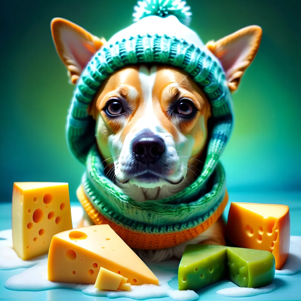 Prompt: Dog composed of cheese, (wearing a winter hat and a beanscarf), whimsical and playful, cool color scheme, soft blues and greens, dreamlike atmosphere, abstract background of melting shapes, ethereal lighting, intriguing contrasts, imaginative representation, (highly detailed) textures of cheese, emotional warmth and charm, (4K, ultra-detailed).