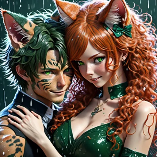 Prompt: <mymodel>Highly Detailed, couple dancing in the rain, detailed skin texture, cat ears matching hair color, detailed eyes, professional, highres