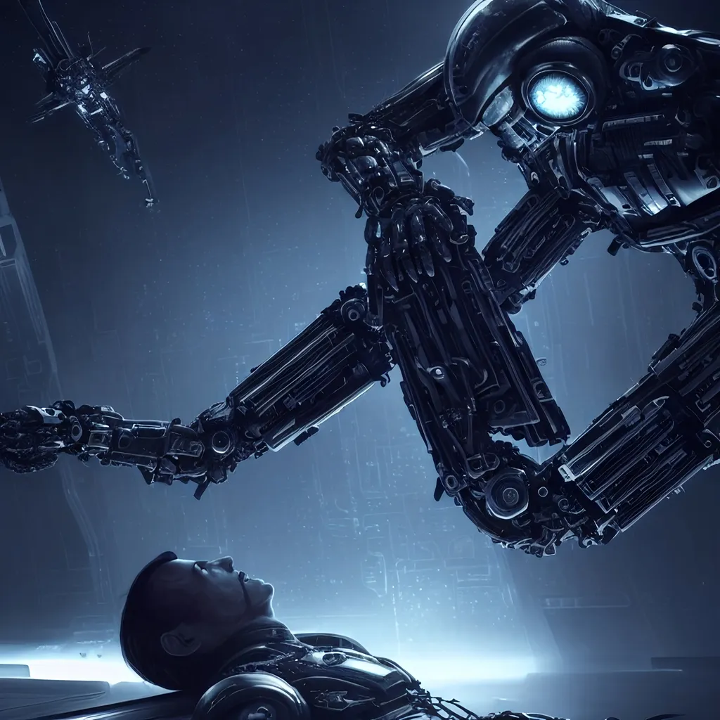 Prompt: Futuristic biomechanical scene, (Android impaling a Man), dark color scheme, intricate details on Android’s design, cold metallic elements, (outer space backdrop featuring distant stars and a sleek spaceship), psychological tension, intense atmosphere, dramatic lighting with highlights and shadows, ultra-detailed, HD, futuristic aesthetic, climax of conflict.