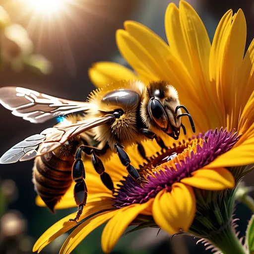 Prompt: Close up (Honey bee sipping nectar on a flower, all six legs visible), intricate wing details, photorealism, nature, dark steampunk artstyle, summer vibes, warm color scheme, vibrant, high-depth color tones, ultra-detailed, HD, 4K, crisp focus, atmospheric, intricate floral background with steampunk elements, metallic textures, gears and cogs intertwined with nature, soft sunlight filtering through, cinematic lighting, dramatic shadows, immersive and captivating scene.