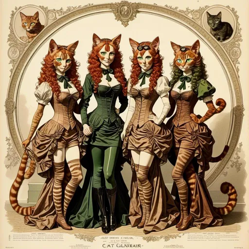 Prompt: <mymodel>high quality vintage lithograph, 1800's Full body view of women  with human faces and goggles, cat ears, Corset Advertisement, matching cat ears to hair color, extremely detailed, intricate clothing, intricate, historical, detailed hair,  detailed eyes, atmospheric lighting, vintage sepia tones