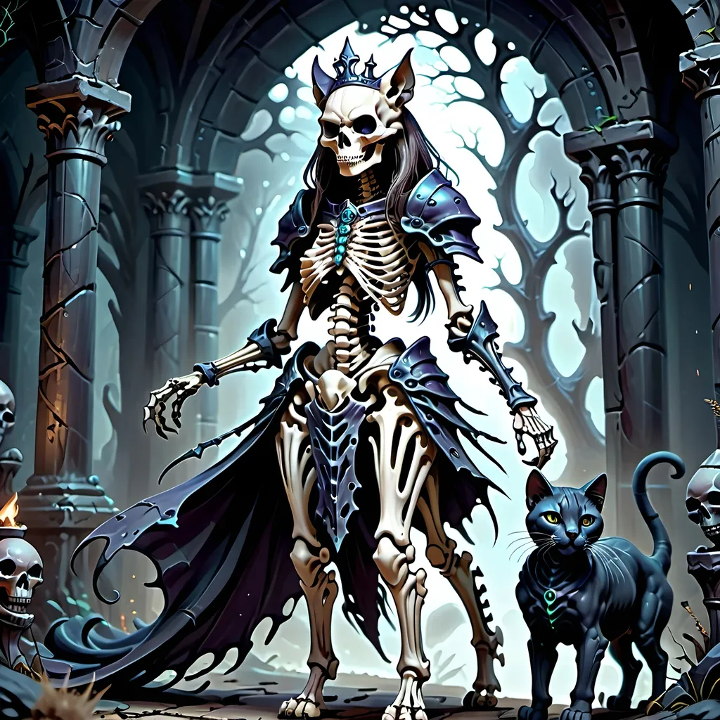 Prompt: skeletal bone Queen, dark color scheme, (fantasy RPG style), mysterious atmosphere, eerie background, intricate detailed armor, feline features woven into the design, dynamic pose, shadows and highlights emphasizing depth, high-adrenaline scene, (4K), ultra-detailed, magical aura surrounding the character, enchanting yet ominous vignette, dramatic composition.