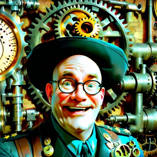 Prompt: (Humorous portrait), steampunk style, caricature drawing, pencil color  scheme, detailed facial features, expressive eyes, exaggerated pleasant smile, vintage military attire, quirky accessories, Iron gears and machinery in the background, cozy ambiance, ultra-detailed, engaging composition that blends humor and artistry, creating a captivating visual narrative.