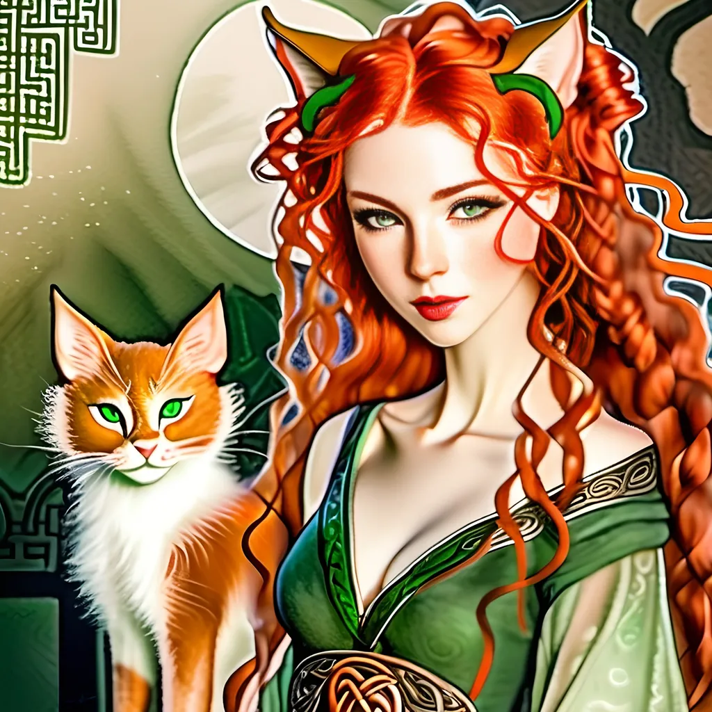 Prompt: Chinese-ink illustration of a Celtic woman with cat ears and tail, long red curly hair, detailed green eyes, detailed skin texture, full body view, delicate, diffused lighting, beautiful, artistic, detailed, fantasy style Celtic background, long hair, detailed eyes, full-body, elegant, ethereal, soft lighting