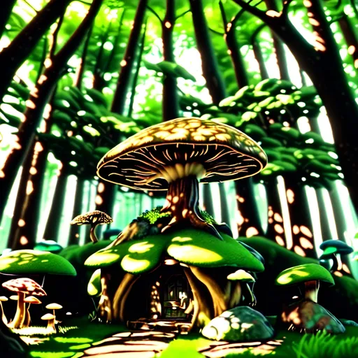 Prompt: (photorealistic style), lush Hyrule, vibrant warm colors, enchanting atmosphere, sunlight filtering through dense foliage, soft glowing mushrooms, serene winding path, magical fauna, mystical creatures peeking from behind trees, deep green foliage with golden highlights, ultra-detailed, immersive landscape, tranquil ambiance, adventurous spirit, ideal for storytelling backgrounds.