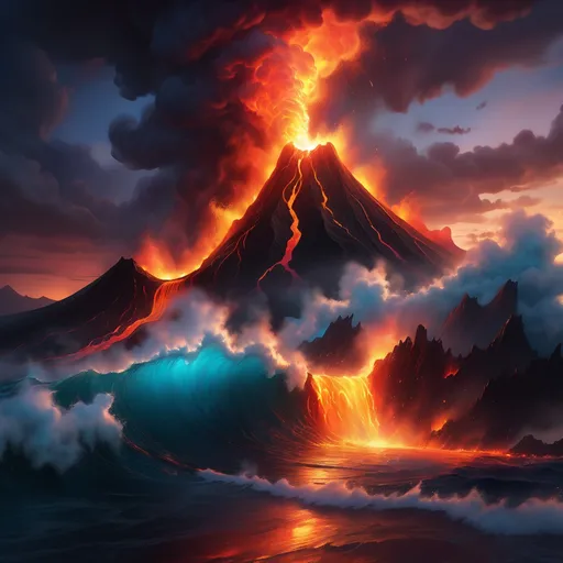 Prompt: photorealistic, (vibrant colors), molten lava, flowing from a volcano, meeting the ocean, spectacular collision, illuminating dark surroundings, steam rising, sunset sky with colorful hues, natural beauty, dynamic contrast, highly detailed textures, dramatic lighting, vivid reflections on water, high quality, ultra-detailed, stunning scenery.