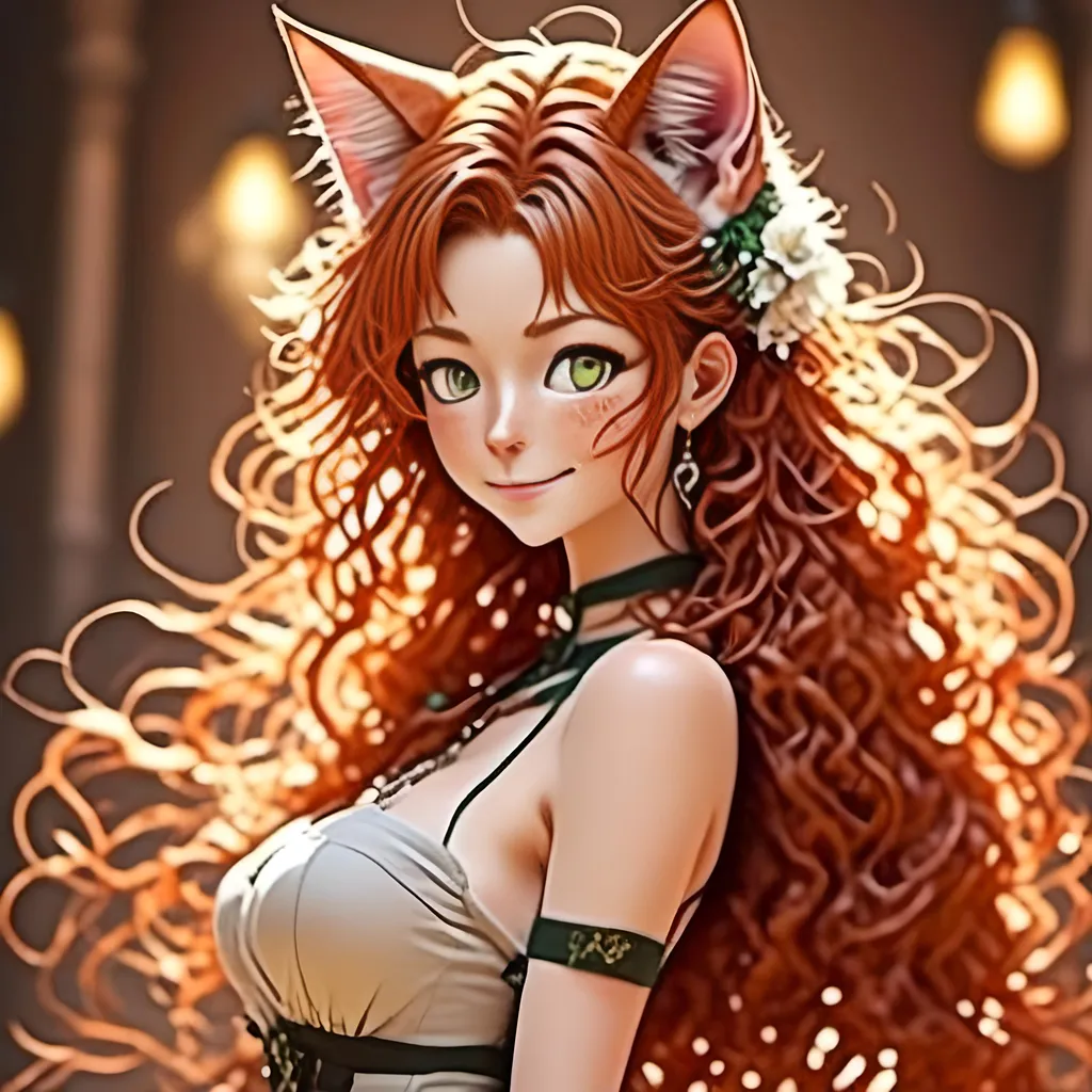 Prompt: <mymodel> Anime-style image of an older cat-eared woman), back facing camera (red hair), (detailed eyes), (alluring pose), looking back  laughing, (bright lighting), warm color scheme, (high resolution), (sensual), (detailed hair), fantasy elements, mesmerizing, captivating atmosphere, ultra-detailed, whimsical background, enchanting ambiance.