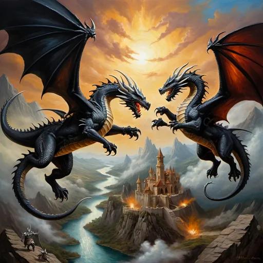 Prompt: Black Dragons and white Dragons in arial combat, Dragon riders in armor with spears while riding the dragons, fierce expressions, mythical landscapes, high fantasy, Dragon riders, Chivalric Knights, in realistic oil painting, flying through the sky in combat, majestic dragons  mythical landscapes, high fantasy, oil painting, vibrant colors, epic scale, detailed armor, stunning face, atmospheric lighting, professional, highres, fantasy, oil painting, ethereal, fierce expression, varied colors, high fantasy