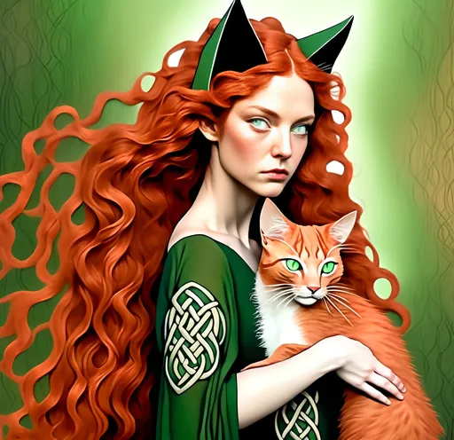 Prompt: Japanese ink illustration of a Celtic woman with cat ears and tail, long red curly hair, detailed green eyes, detailed skin texture, full body view, delicate, diffused lighting, beautiful, artistic, detailed, fantasy style Celtic background, long hair, detailed eyes, full-body, elegant, ethereal, soft lighting