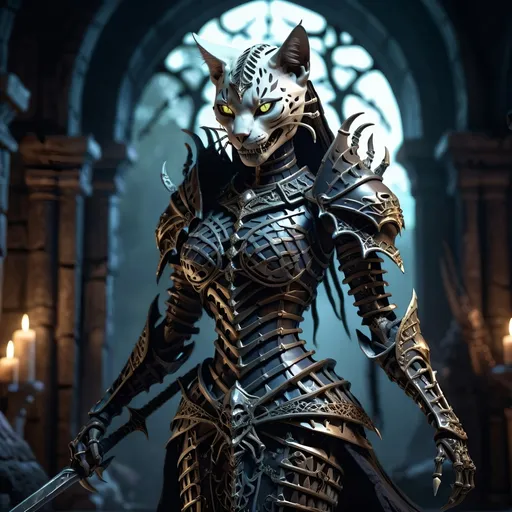 Prompt: skeletal bone Queen, dark color scheme, (fantasy RPG style), mysterious atmosphere, eerie background, intricate detailed armor, feline features woven into the design, dynamic pose, shadows and highlights emphasizing depth, high-adrenaline scene, (4K), ultra-detailed, magical aura surrounding the character, enchanting yet ominous vignette, dramatic composition.