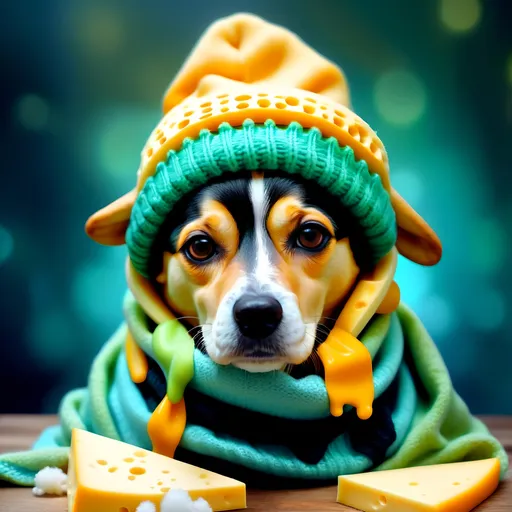 Prompt: Dog composed of cheese, (wearing a winter hat and a beanscarf), whimsical and playful, cool color scheme, soft blues and greens, dreamlike atmosphere, abstract background of melting shapes, ethereal lighting, intriguing contrasts, imaginative representation, (highly detailed) textures of cheese, emotional warmth and charm, (4K, ultra-detailed).