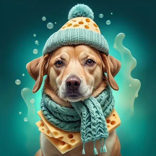 Prompt: (surrealism style) Dog made out of cheese, (wearing a winter hat and a scarf), whimsical and playful, cool color scheme, soft blues and greens, dreamlike atmosphere, abstract background of melting shapes, ethereal lighting, intriguing contrasts, imaginative representation, (highly detailed) textures of cheese, emotional warmth and charm, (4K, ultra-detailed).