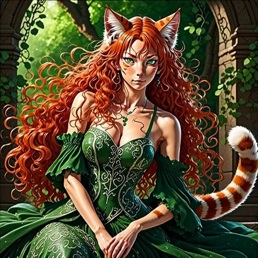 Prompt: <mymodel> Realistic 40 year old Celtic woman, Full Color Fantasy  illustration of a Celtic woman with cat ears and tail, detailed long red curly hair, detailed green eyes, detailed skin texture, full body view, delicate, diffused lighting, beautiful, artistic, detailed, fantasy style Celtic background, long hair, detailed eyes, full-body pose dancing, elegant, ethereal, soft lighting
