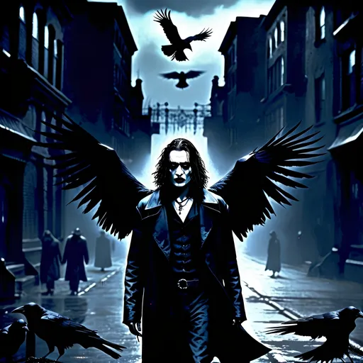 Prompt: (misc-macabre style), dark color scheme, (The Crow) movie character, haunting atmosphere, somber lighting, intricate details, dramatic shadows, urban background, mysterious mood, deep blues, stark blacks, intense contrasts, surreal elements, gothic aesthetics, ultra-detailed, cinematic quality, evoking feelings of melancholy and intrigue.