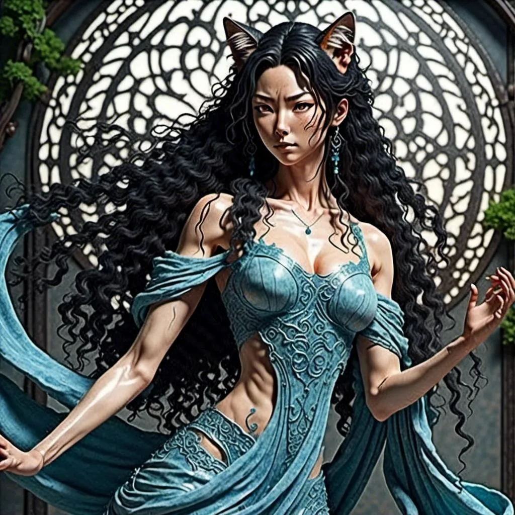 Prompt: <mymodel> Realistic 45 year old korean woman, detailed long black hair, detailed blue eyes, detailed skin texture, full body view, delicate, diffused lighting, beautiful, artistic, detailed, fantasy style Celtic background, long hair, detailed eyes, full-body pose dancing, elegant, ethereal, soft lighting
