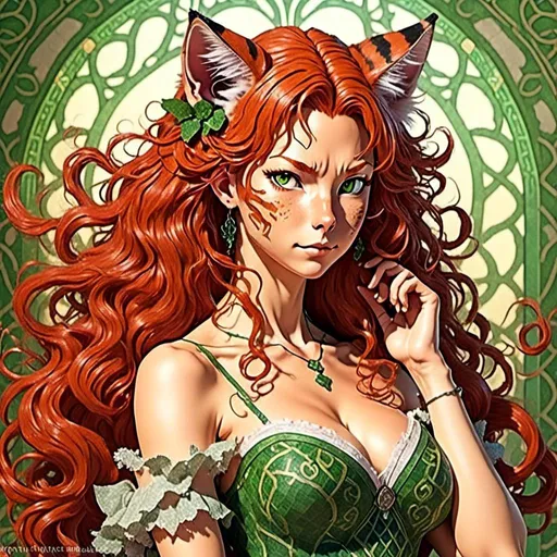 Prompt: <mymodel> Realistic 50 year old Celtic woman, Full Color Fantasy  illustration of a Celtic woman with cat ears and tail, detailed long red curly hair, detailed green eyes, detailed skin texture, full body view, delicate, diffused lighting, beautiful, artistic, detailed, fantasy style Celtic background, long hair, detailed eyes, full-body pose dancing, elegant, ethereal, soft lighting
