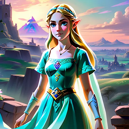 Prompt: (realism style), (pastel color scheme), scenic portrayal of the enigmatic, adventurous Zelda, intricate details in her elegant dress, soft hues illuminating her expression, dreamy background featuring enchanting landscapes, gentle lighting casting a calming atmosphere, 4K, ultra-detailed resurgence of a beloved character, capturing her spirit and timeless allure.