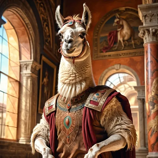 Prompt: (anthropomorphic llama, extremely godlike muscled, heroic pose, full body shot), (Renaissance art style), warm color palette, rich textures, detailed anatomy, dramatic lighting, heroic atmosphere, uplifting mood, intricate background featuring classical architecture, soft brush strokes, vivid depictions of strength and valor, highly detailed, 4K quality, evocative and timeless composition