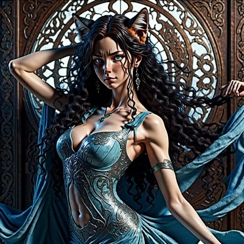 Prompt: <mymodel> Realistic 45 year old greek woman, detailed long black hair, detailed blue eyes, detailed skin texture, full body view, delicate, diffused lighting, beautiful, artistic, detailed, fantasy style Celtic background, long hair, detailed eyes, full-body pose dancing, elegant, ethereal, soft lighting
