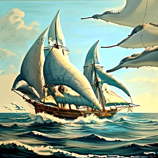 Prompt: oil painting, natural color scheme, (three masted sailing ship body made out of glass), (traveling swiftly) on a (realistic ocean), (sails full of wind), (dolphins breaching) in front of the bow, serene atmosphere, nature-inspired, fluid and dynamic scene, delicate brush strokes, soft light filtering through, emphasizing tranquility and adventure, ultra-detailed, high-definition.